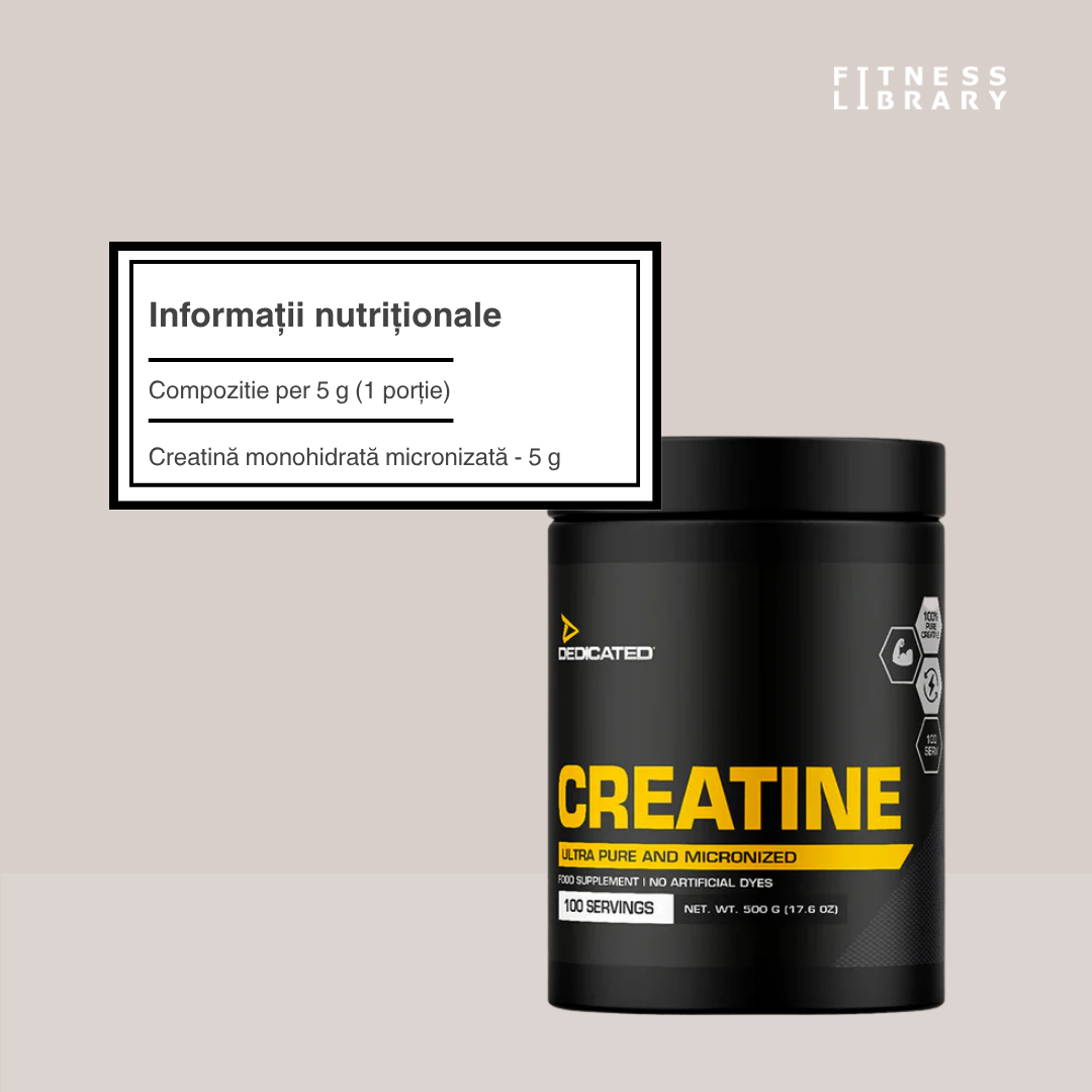 Creatină monohidrată (forță explozivă, masă musculară, recuperare rapidă) – 500 g / 100 porții | DEDICATED