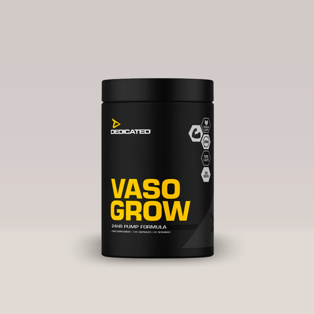 Imagine cu suplimentul pentru pompare VASO-GROW de la DEDICATED Nutrition, 125 de capsule.