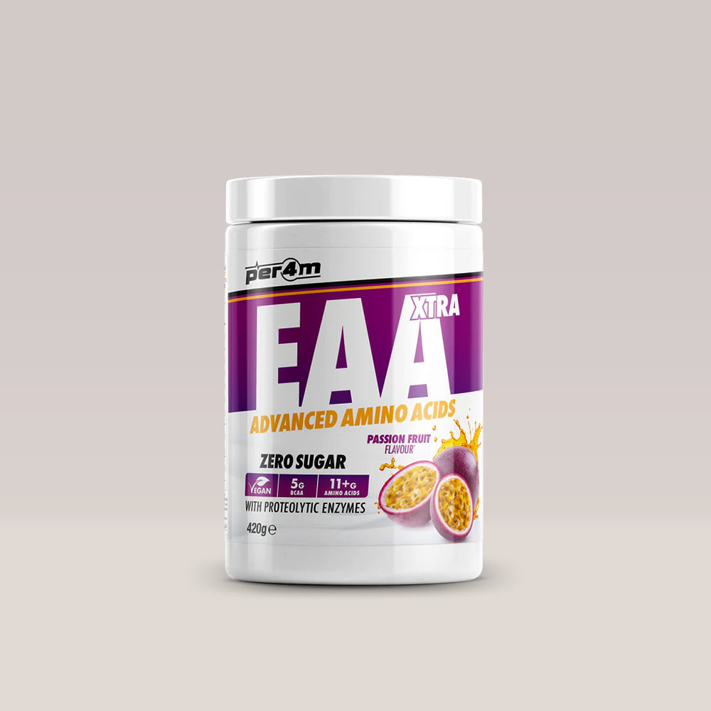 Recipient de aminoacizi esențiali vegani PER4M EAA Xtra, aroma Passion Fruit. BCAA. Vegan.