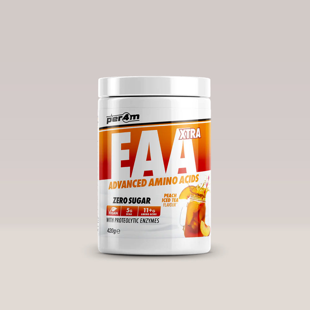 Recipient de aminoacizi esențiali vegani PER4M EAA Xtra, aroma Peach Iced Tea. BCAA. Vegan.