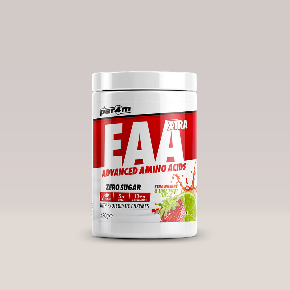 Recipient de aminoacizi esențiali vegani PER4M EAA Xtra, aroma Strawberry Lime Twist. BCAA. Vegan.
