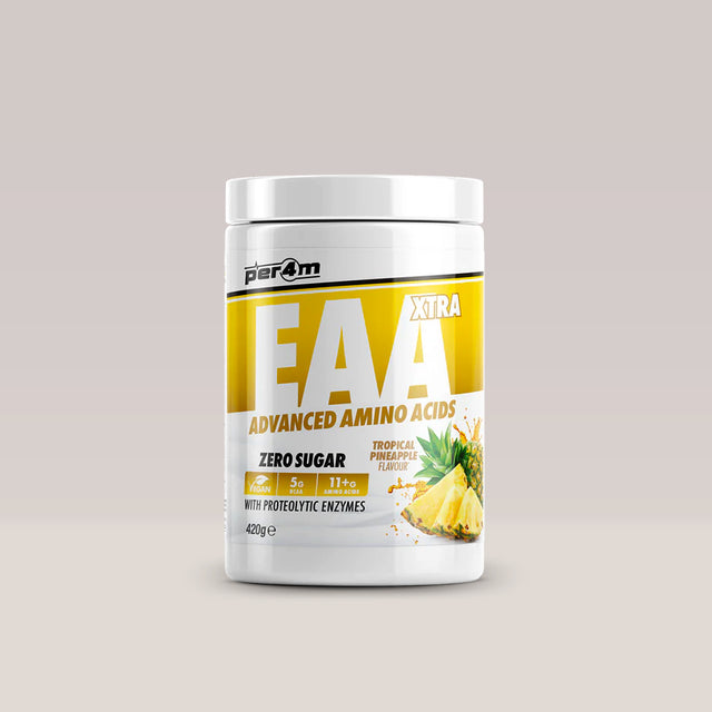 Recipient de aminoacizi esențiali vegani PER4M EAA Xtra, aroma Tropical Pineapple. BCAA. VEGAN.