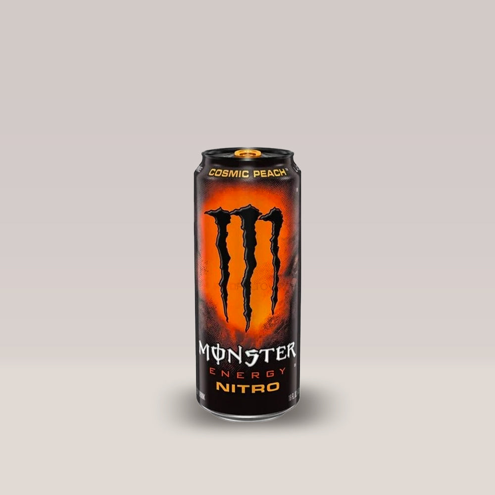 Doză de energizant Monster Nitro Cosmic Peach, cu aromă de piersică, 500ml.