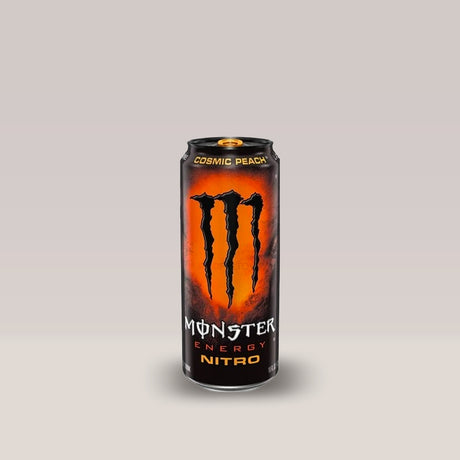 Doză de energizant Monster Nitro Cosmic Peach, cu aromă de piersică, 500ml.