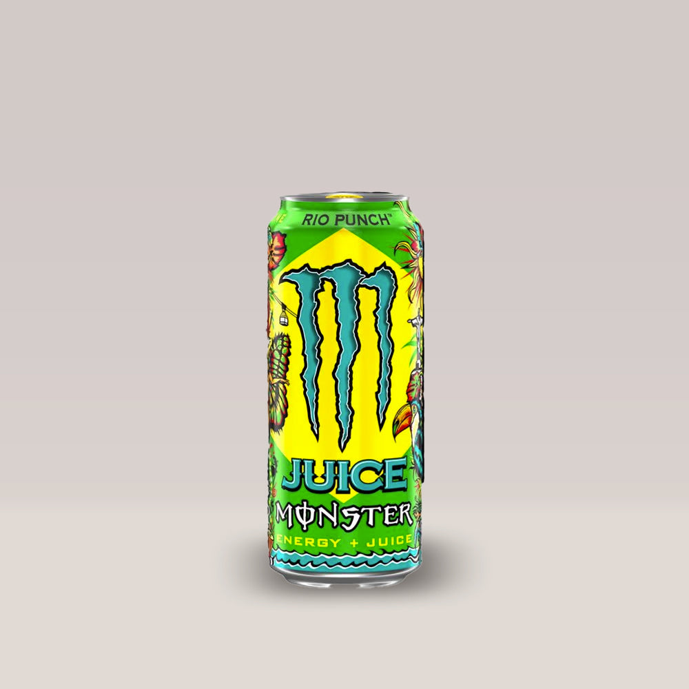 Doză de energizant Monster Energy Rio Punch, cu aromă de fructe exotice, 500ml.