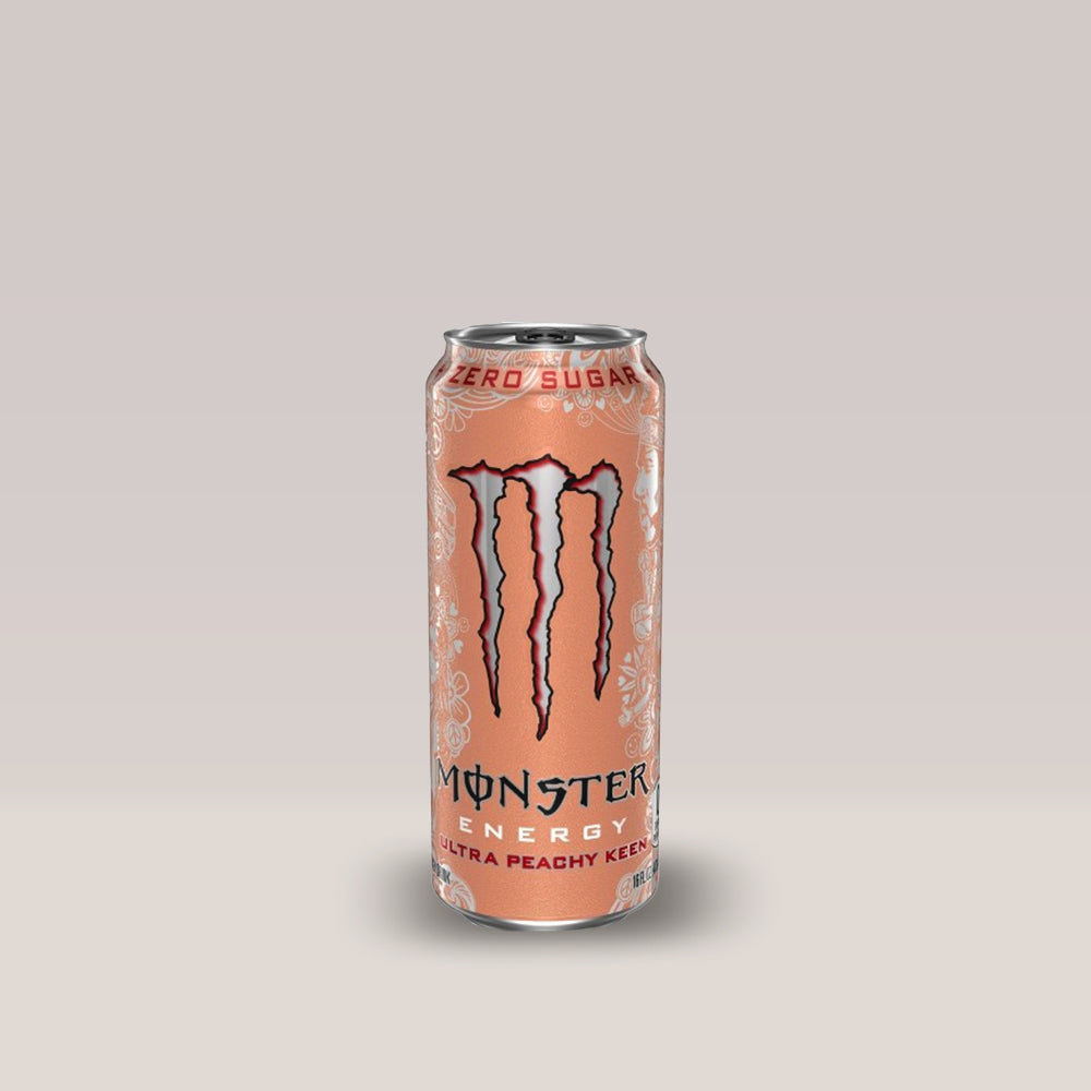 Doză de energizant fără zahăr Monster Energy Ultra Peachy Keen, cu aromă de piersică, 500ml.