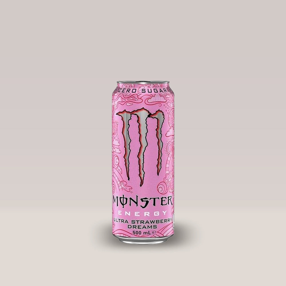 Doză de energizant fără zahăr Monster Energy Ultra Strawberry Dreams, cu aromă de căpșuni, 500ml.