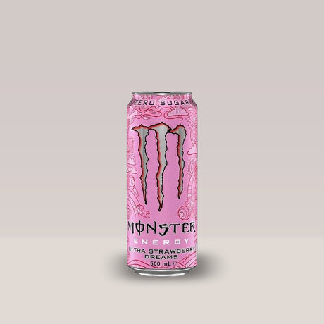 Doză de energizant fără zahăr Monster Energy Ultra Strawberry Dreams, cu aromă de căpșuni, 500ml.