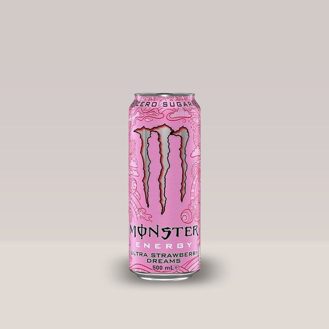 Doză de energizant fără zahăr Monster Energy Ultra Strawberry Dreams, cu aromă de căpșuni, 500ml.