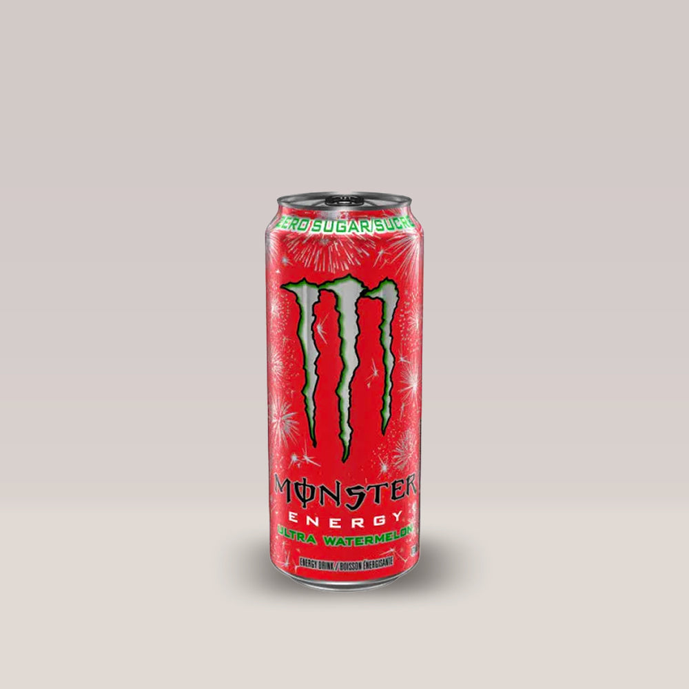 Doză de energizant fără zahăr Monster Energy Ultra Watermelon, cu aromă de pepene roșu, 500ml.