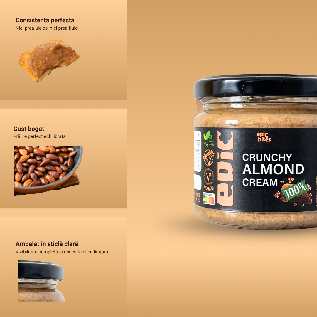 Unt de migdale crocant Crunchy Almond Cream 300g - beneficii principale - pentru controlul greutății și sațietate | EPIC BITES