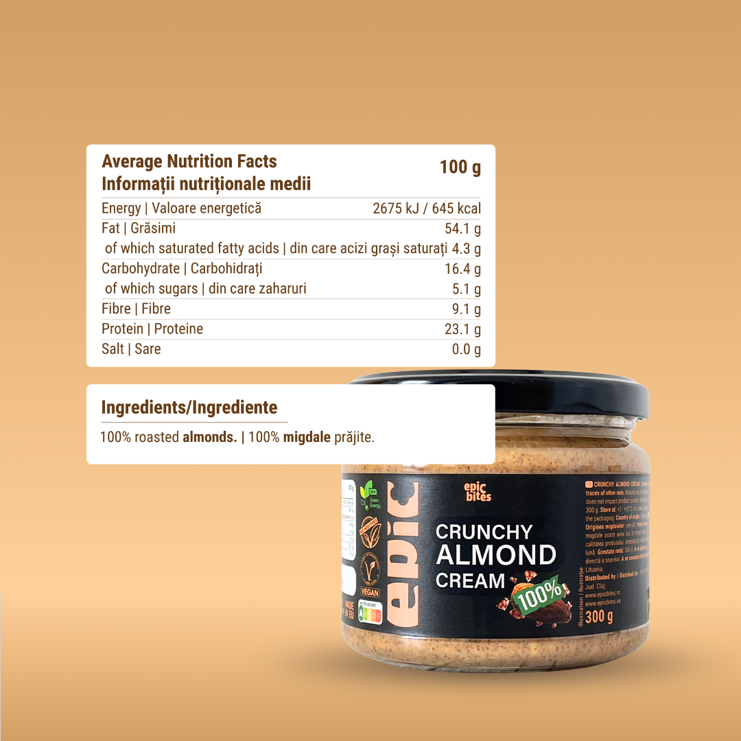 Unt de migdale crocant 100% natural 300g - informații nutriționale - pentru controlul greutății | EPIC BITES