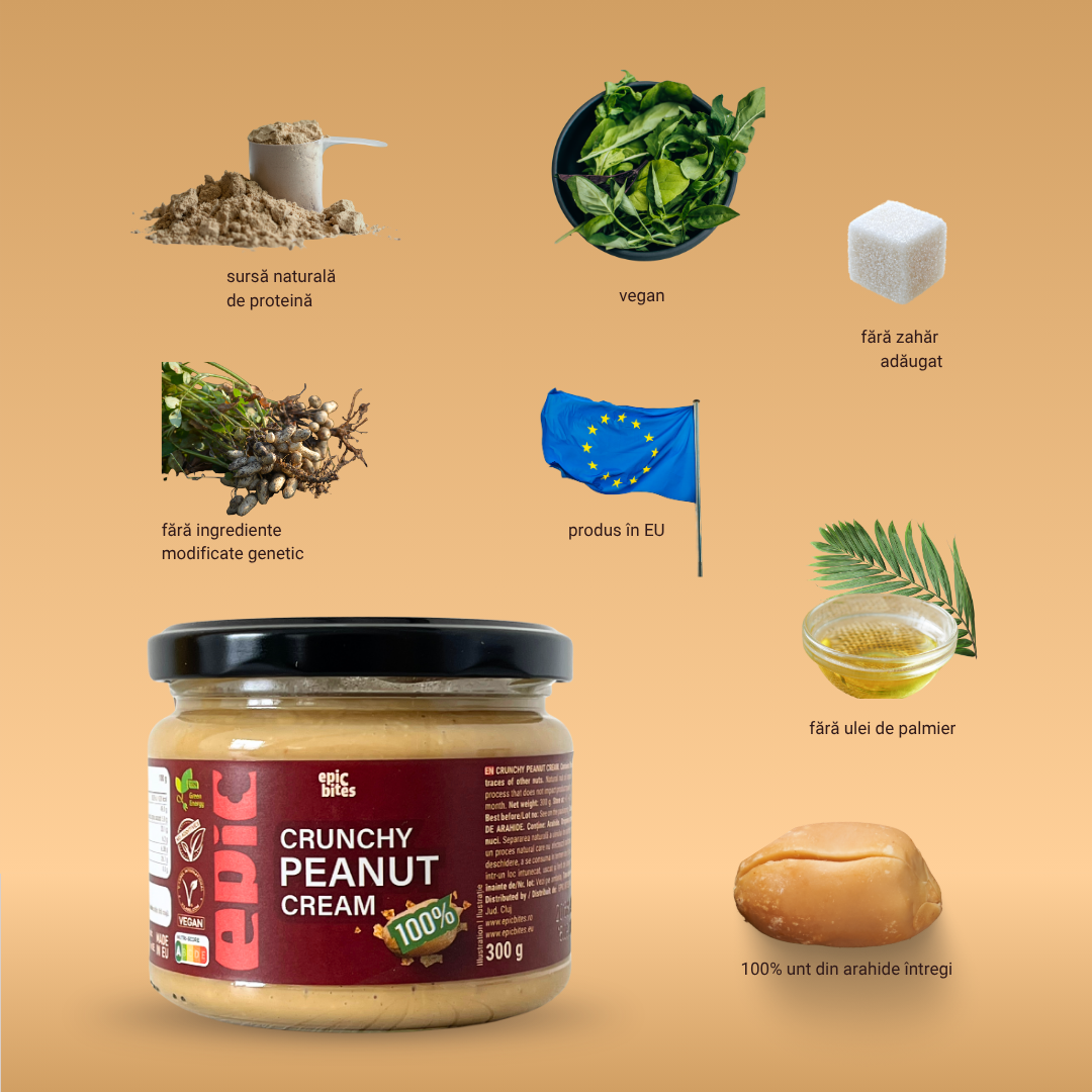 Unt de Arahide Crocant 100% Natural 300g - prezentare beneficii - pentru masă musculară | EPIC BITES