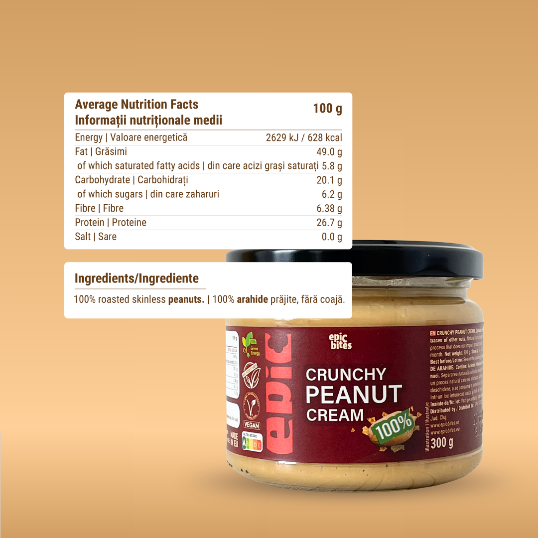 Crunchy Peanut Cream 300g - informații nutriționale - 26.7g proteine pentru masă musculară | EPIC BITES