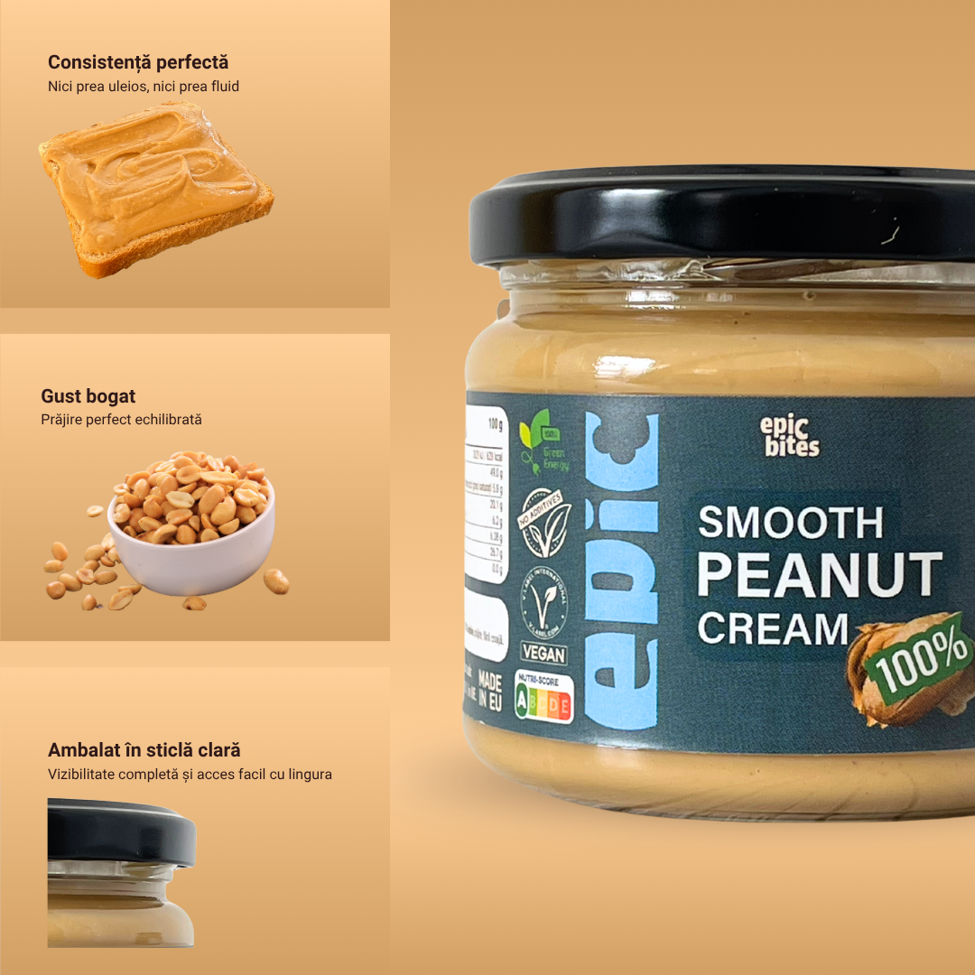 Unt de arahide natural Smooth Peanut Cream 300g - cu beneficii principale - pentru susținerea masei musculare | EPIC BITES