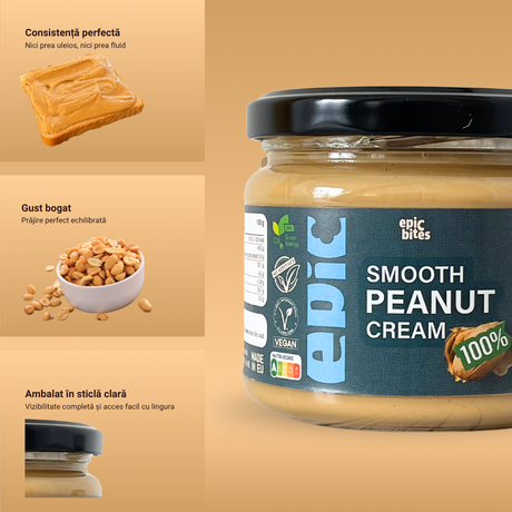 Unt de arahide natural Smooth Peanut Cream 300g - cu beneficii principale - pentru susținerea masei musculare | EPIC BITES