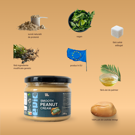 Smooth Peanut Cream 300g - Unt de arahide natural - prezentare beneficii - pentru susținerea masei musculare | EPIC BITES