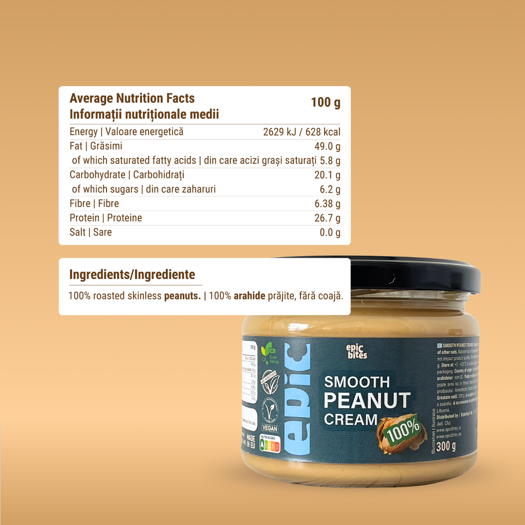 Unt de Arahide Fin 100% Natural 300g - informații nutriționale - pentru masă musculară | EPIC BITES