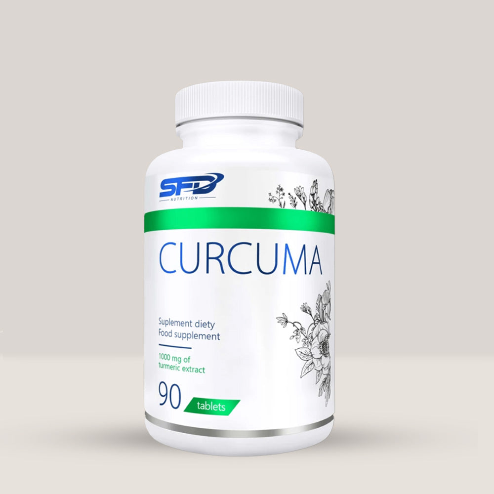 Imagine cu o cutie de SFD Extract Curcuma (90 tablete) de la SFD Nutrition, un supliment cu extract de Curcuma longa.
