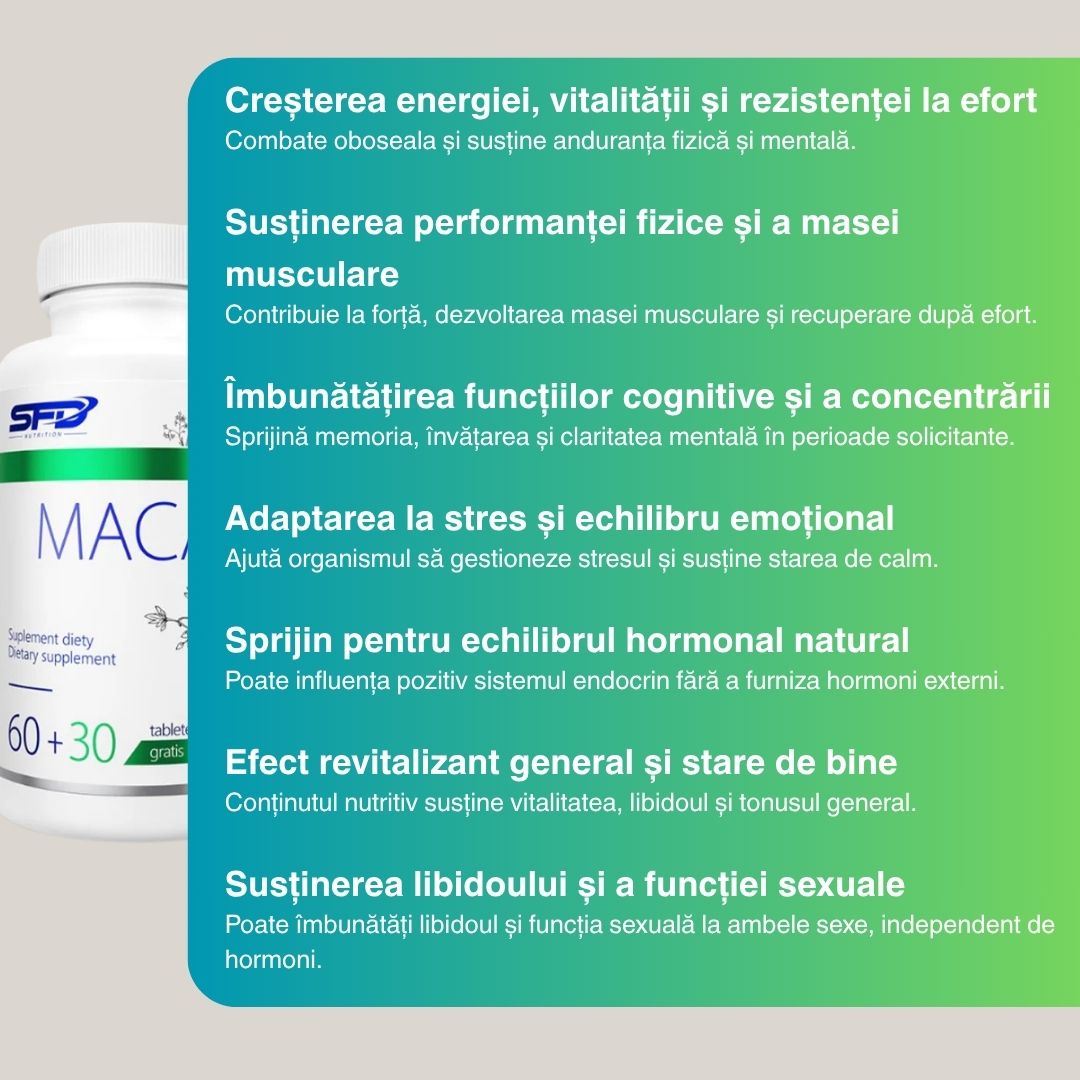 Maca SFD: Energie vibrantă, rezistență la stres, echilibru interior.