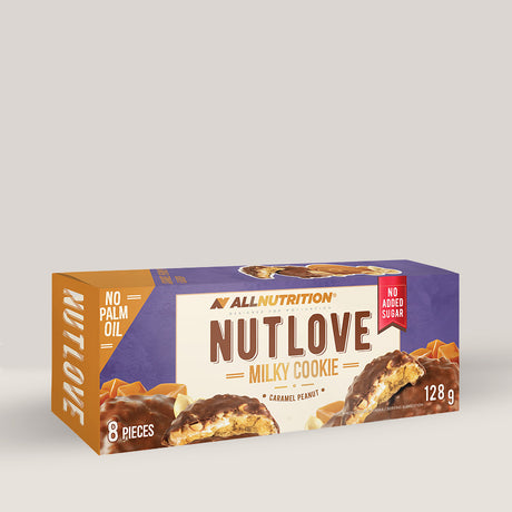 Imagine cu o cutie de biscuiți proteici Nutlove Cookies 128g de la FitKing Delicious, o gustare delicioasă și sănătoasă cu conținut ridicat de proteine cu aromă de caramel și arahide.