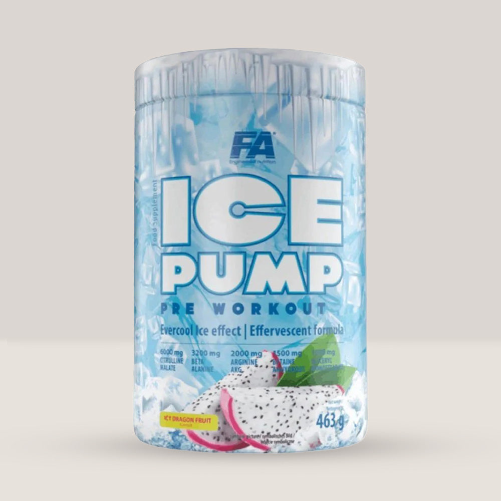 Imagine cu Fitness Authority Ice Pump Pre-Workout, 463g, 50 de serviri, cu cofeină, efect de răcorire. Dragon fruit aroma.