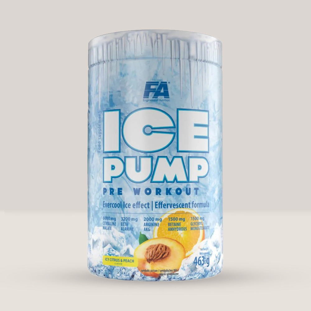 Imagine cu Fitness Authority Ice Pump Pre-Workout, 463g, 50 de serviri, cu cofeină, efect de răcorire. ice citrus & peach aroma.