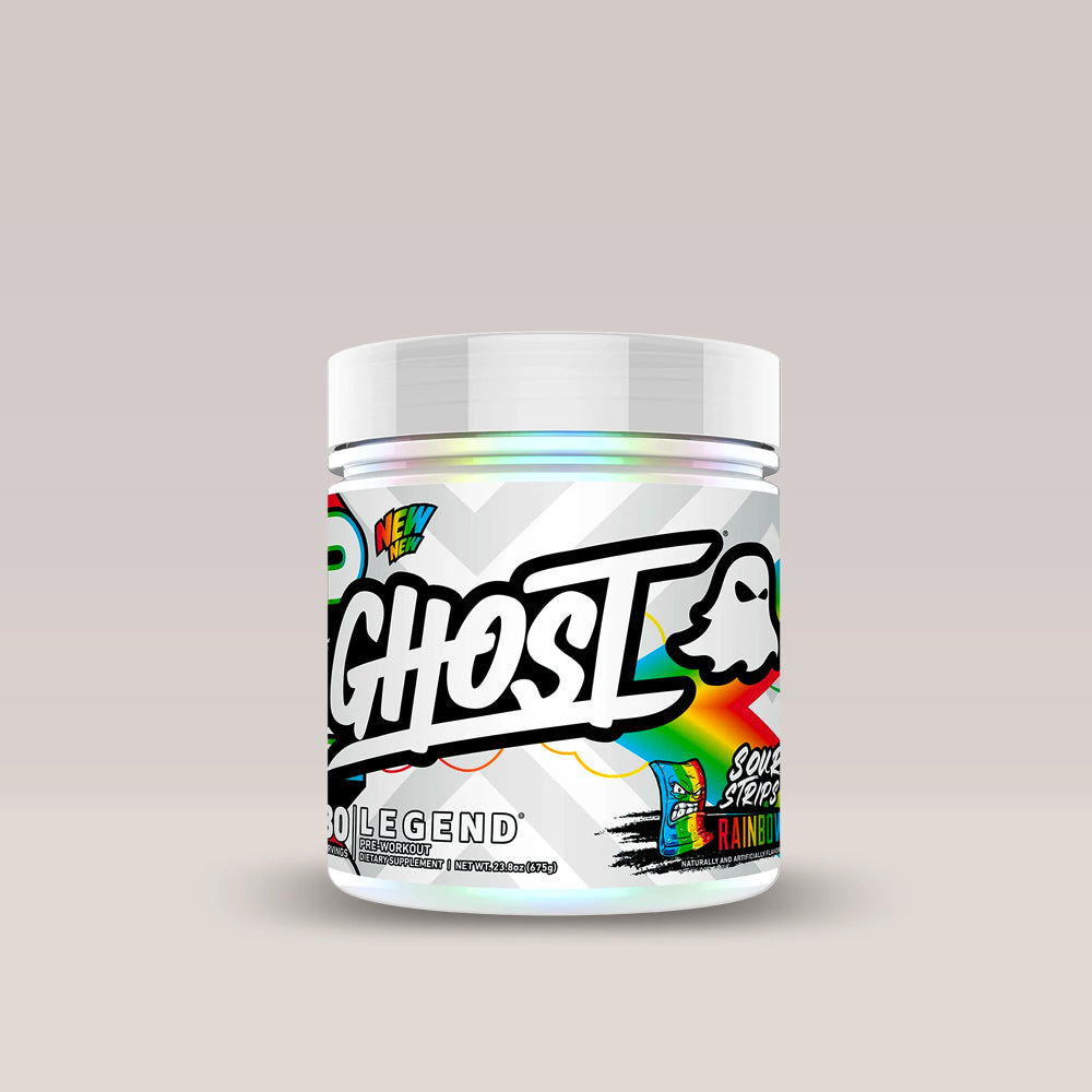 Imagine cu suplimentul pre-workout Ghost Legend V4, 30 de serviri. Sour stripes rainbow.