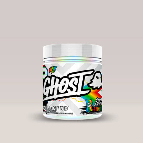 Imagine cu suplimentul pre-workout Ghost Legend V4, 30 de serviri. Sour stripes rainbow.