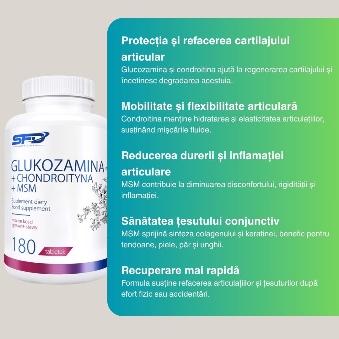 Articulații flexibile, mișcare liberă. Glucozamină, Condroitină și MSM pentru regenerarea cartilajelor și confort articular.
