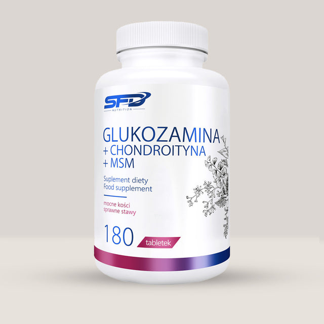 Imagine cu o cutie de Glucosamine+Chondroitin+MSM (180 tablete) de la SFD Nutrition, un supliment complex pentru sănătatea articulațiilor.
