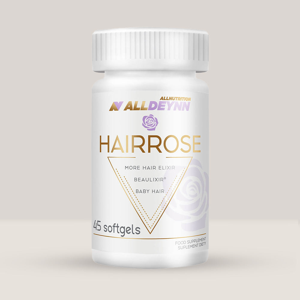 Cutie de Hairrose de la Alldeynn, supliment împotriva căderii părului cu Beaulixir®, 45 de capsule moi.