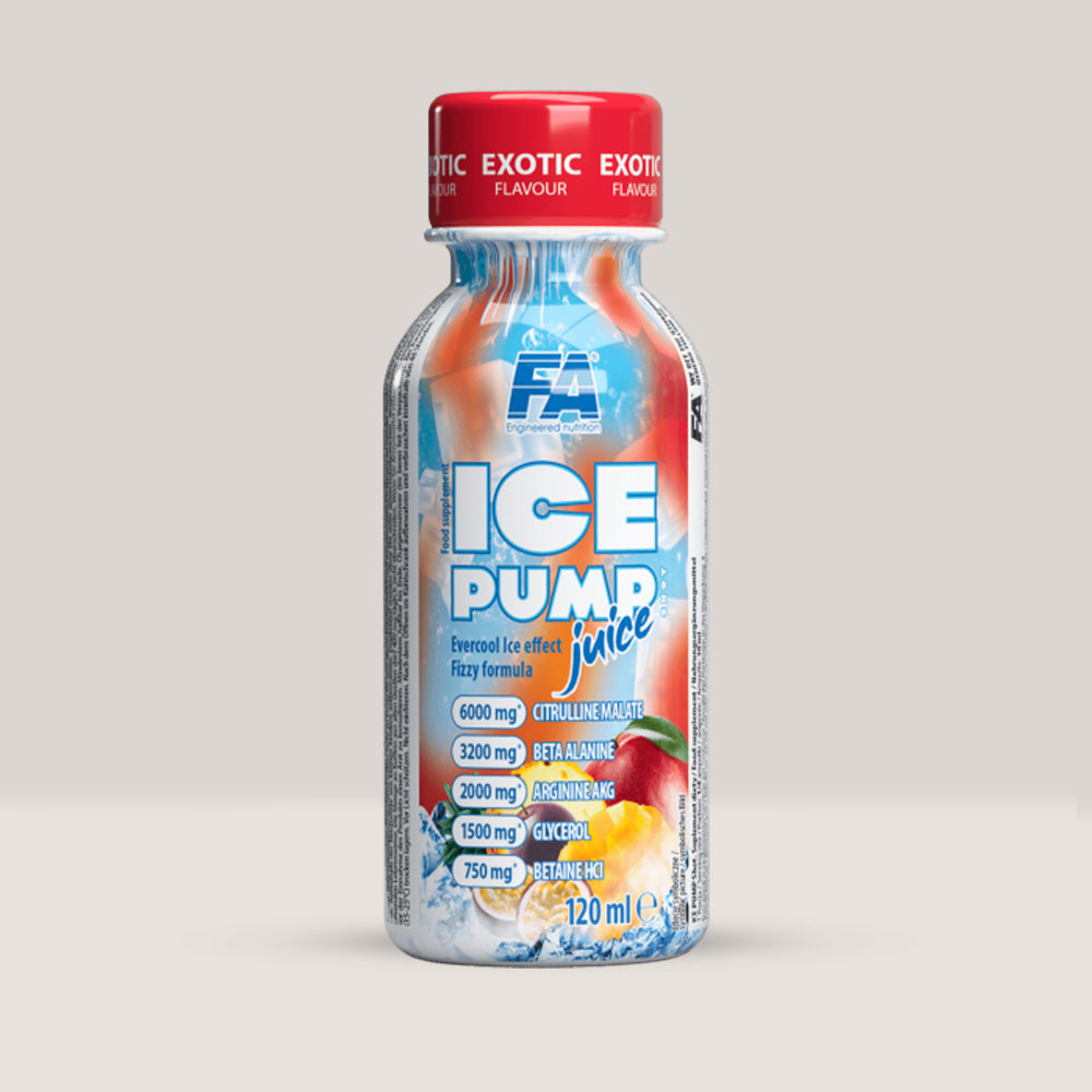 Imagine cu o sticlă de FA ICE Pump Juice Shot 120 ml, un energy drink concentrat pentru pompare musculară cu aromă de fructe exotice.
