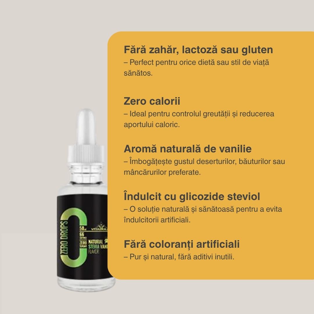 Dulceață pură cu stevie, fără compromisuri. VITABOLIC Natural Zero Drops: Gust desăvârșit, viață echilibrată.