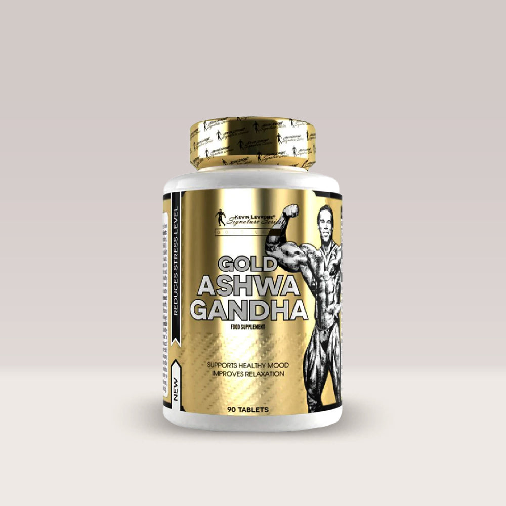 Flacon de supliment cu Ashwagandha Kevin Levrone Gold, tablete pentru reducerea stresului.