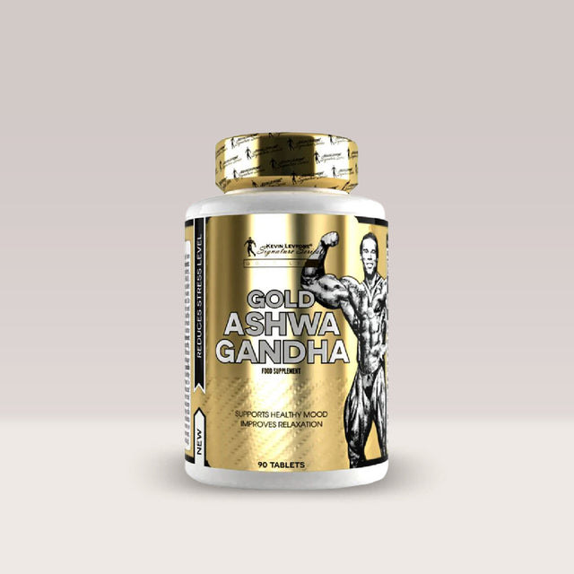 Flacon de supliment cu Ashwagandha Kevin Levrone Gold, tablete pentru reducerea stresului.