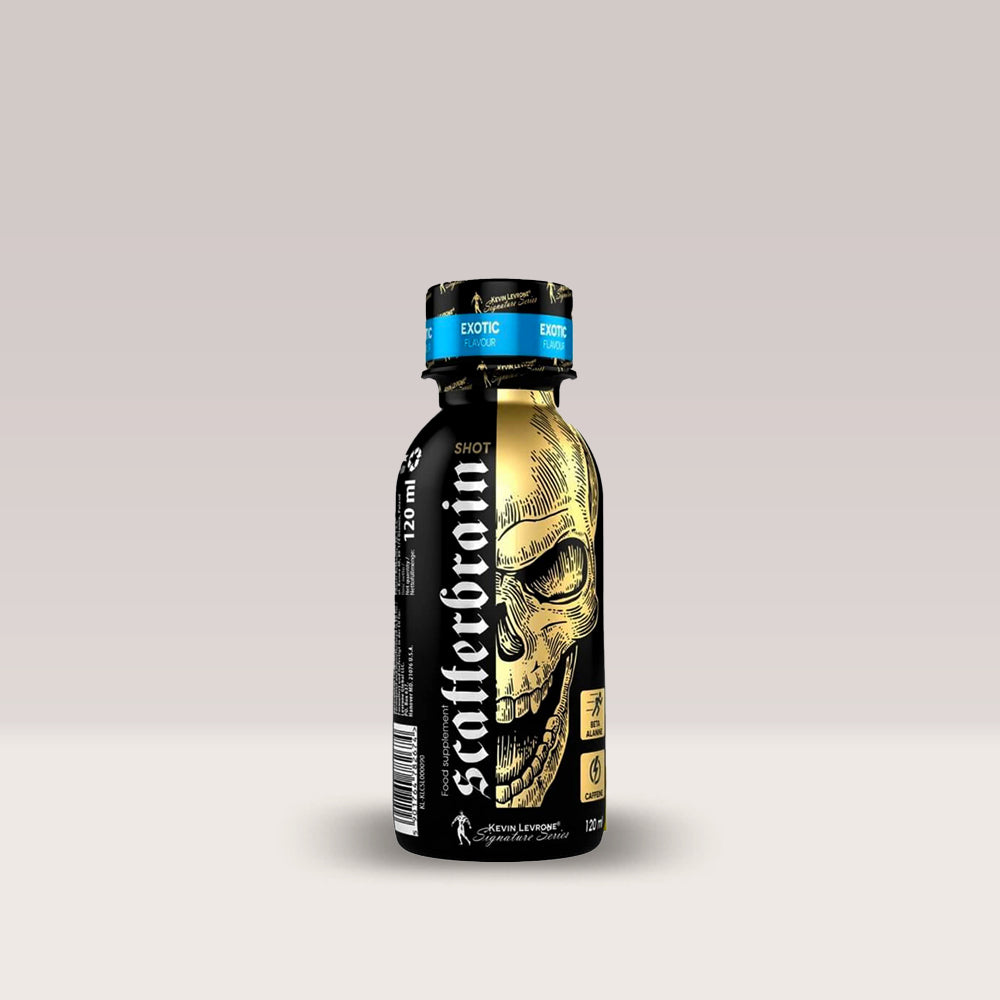 Shot pre-workout lichid Kevin Levrone Scatterbrain, un supliment pentru energie și focus.
