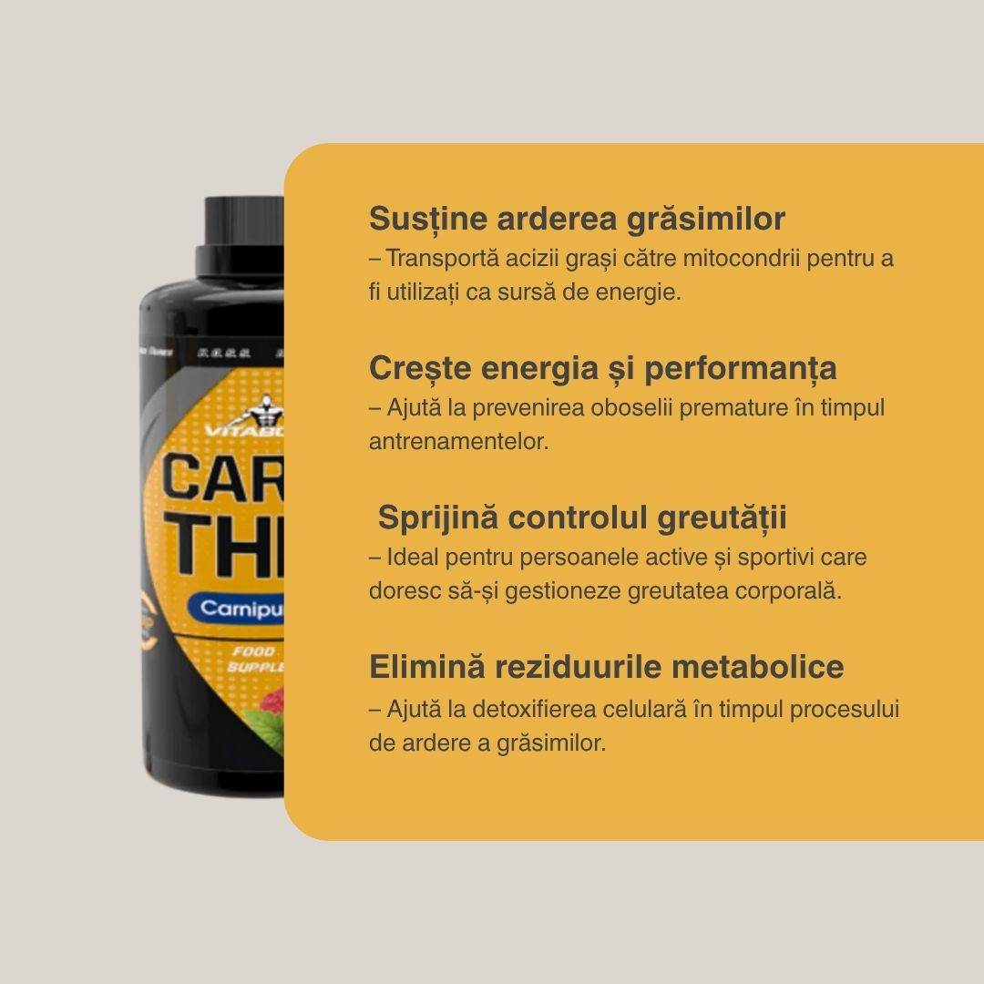 L-Carnitină Lichidă VITABOLIC cu Carnipure®: Sculptează-ți silueta, atinge performanțe maxime. Transformă rezervele în energie pură.