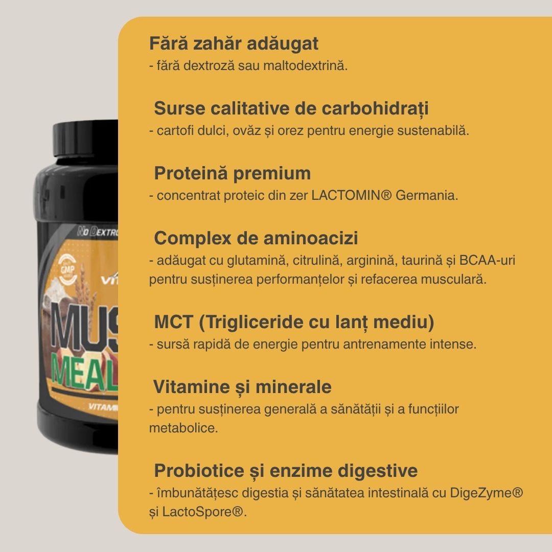 Muscle Meal Mass Vitabolic: creștere musculară pură, fără zahăr, pentru performanță maximă.