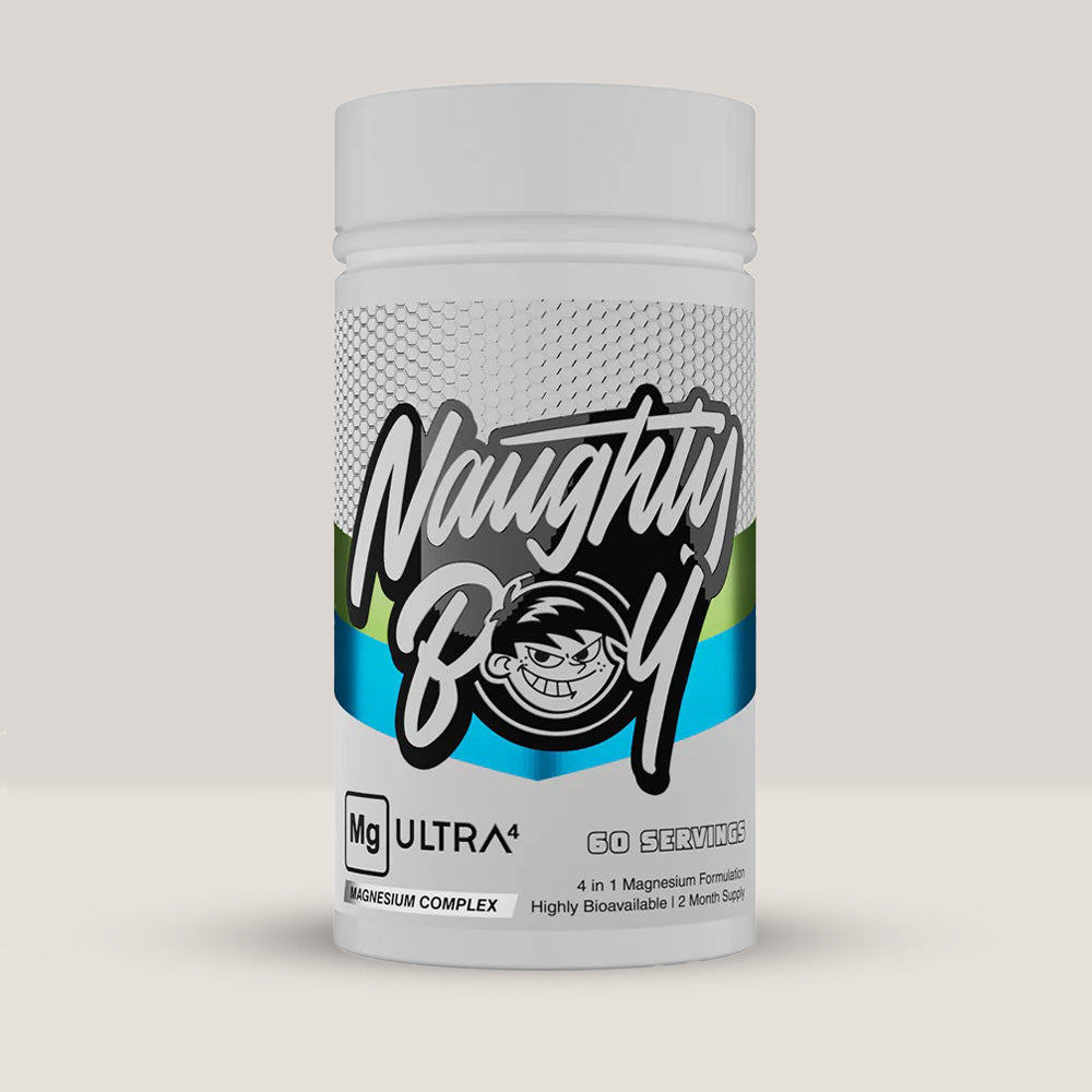 Flacon de MGUltra4 de la NaughtyBoy, complex cu 4 forme de magneziu pentru somn și relaxare, 120 de capsule.
