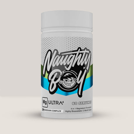 Flacon de MGUltra4 de la NaughtyBoy, complex cu 4 forme de magneziu pentru somn și relaxare, 120 de capsule.