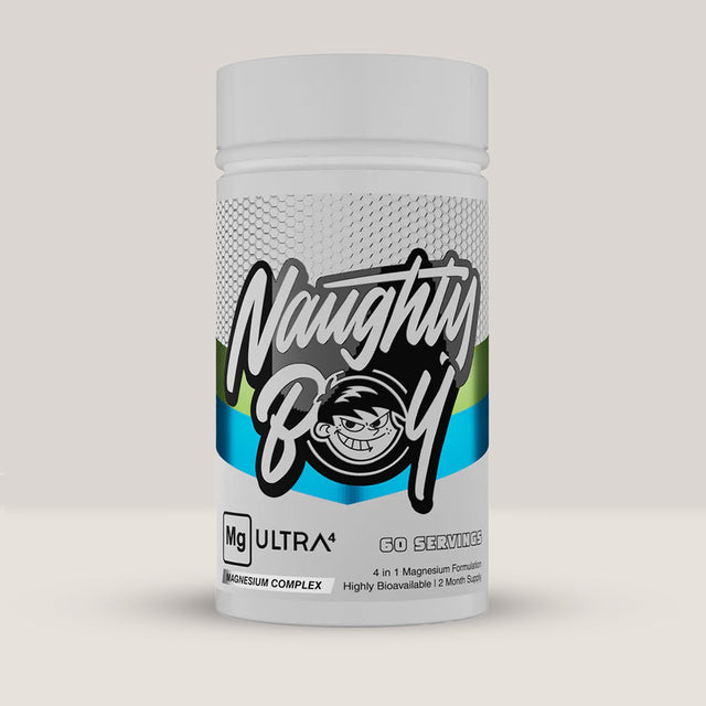 Flacon de MGUltra4 de la NaughtyBoy, complex cu 4 forme de magneziu pentru somn și relaxare, 120 de capsule.