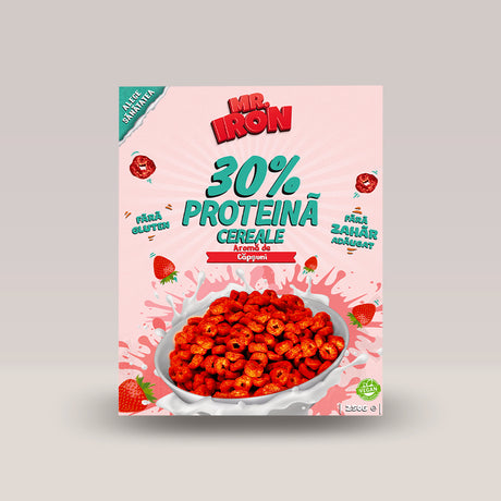 Cereale Mr. Iron proteice cu 30% proteine 250g cu aromă de căpșuni.