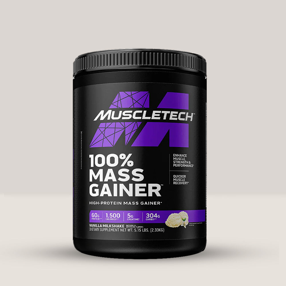 Gainer pentru masă musculară MuscleTech 100% Mass Gainer, un supliment cu proteine și carbohidrați pentru creștere în greutate. Vanilie.