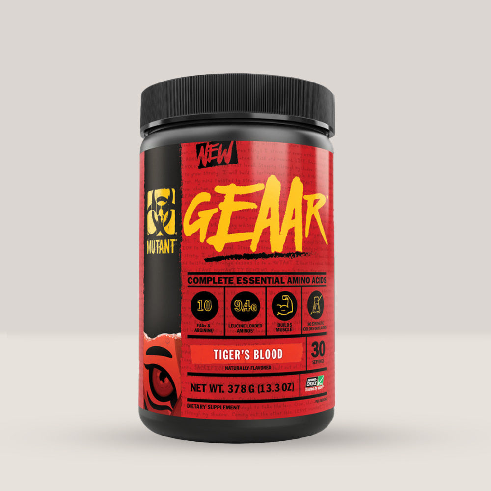 Flacon de aminoacizi esențiali EAA Mutant GEAAR, un supliment vegan pentru creștere și recuperare musculară. Tiger's blood.