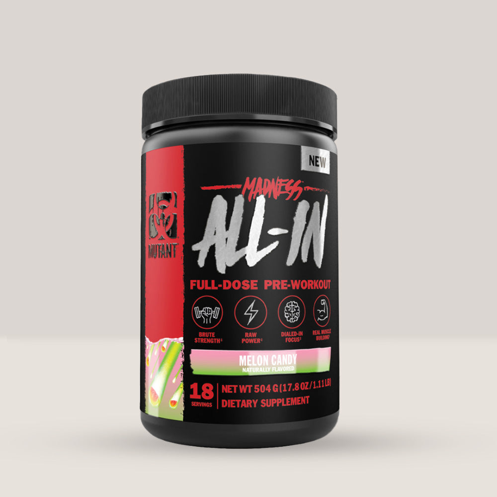 Flacon de supliment pre-workout Mutant Madness All-In, o formulă completă pentru forță și energie. Melon candy aroma.