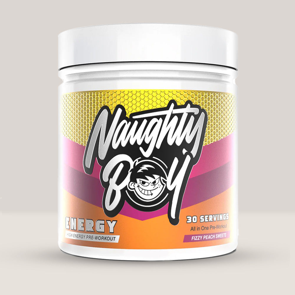 Imagine cu suplimentul pre-workout Naughty Boy Energy Pre Workout, 390g, 30 de serviri. Fizzy peach sweets aroma.