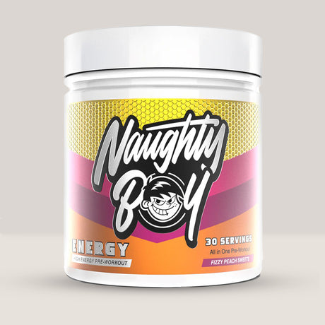 Imagine cu suplimentul pre-workout Naughty Boy Energy Pre Workout, 390g, 30 de serviri. Fizzy peach sweets aroma.