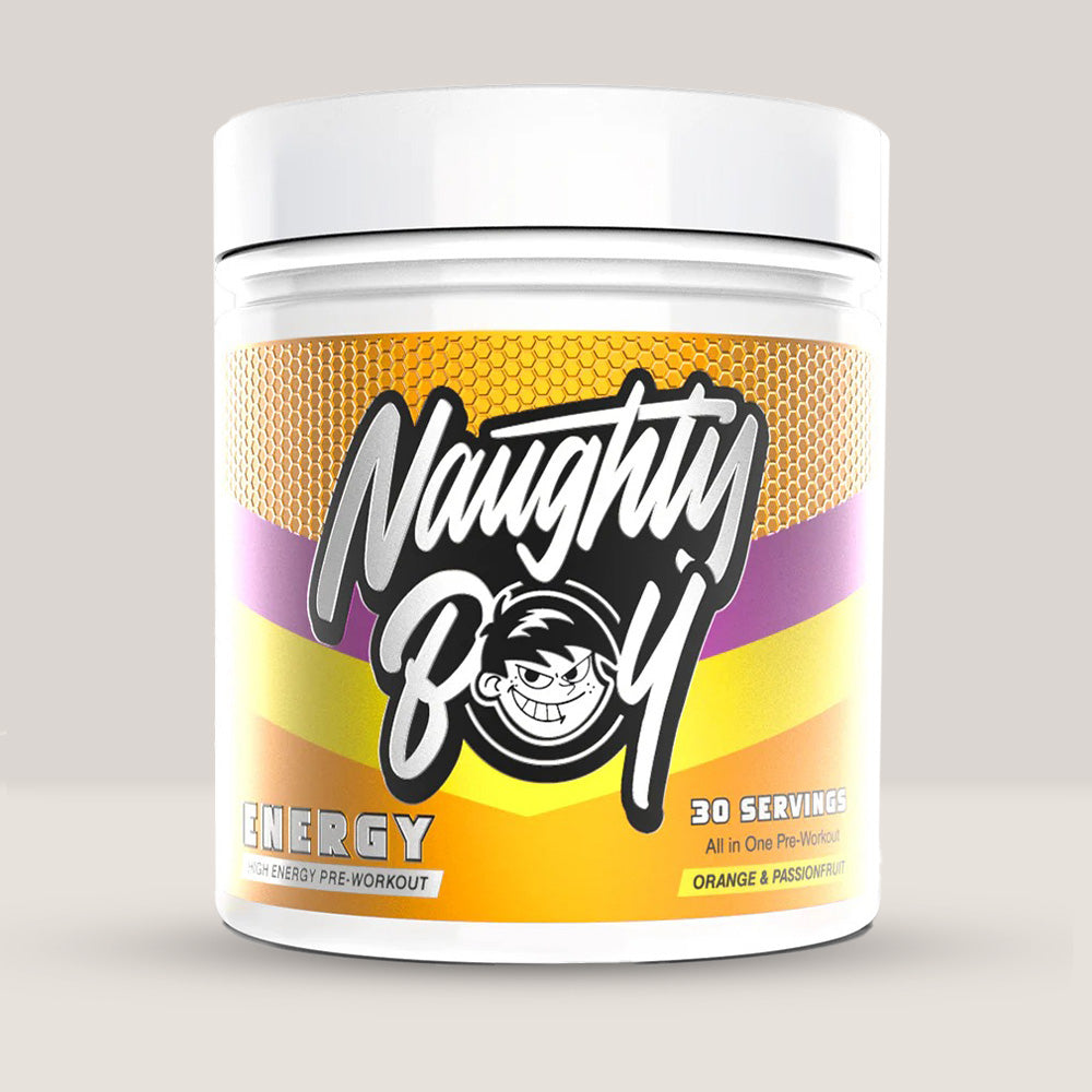 Imagine cu suplimentul pre-workout Naughty Boy Energy Pre Workout, 390g, 30 de serviri. Orange & passionfruit aroma.