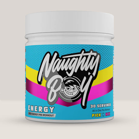 Imagine cu suplimentul pre-workout Naughty Boy Energy Pre Workout, 390g, 30 de serviri. Pick N Mix aroma.